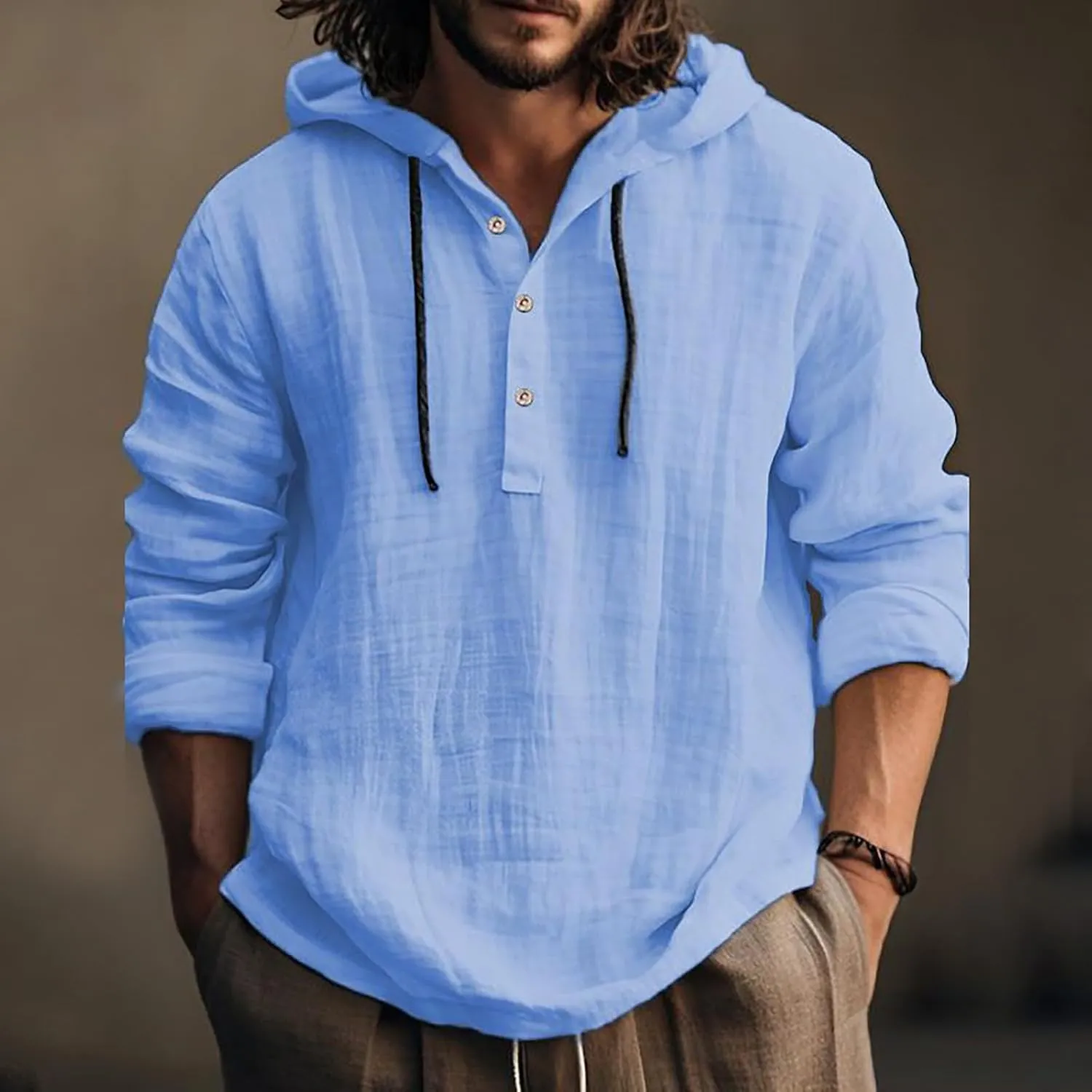 Linen Shirts for Men Lightweight Button Up Summer Cotton Linen Hoodie Long Sleeve Tee Breathable Boho Beach Yoga Shirt