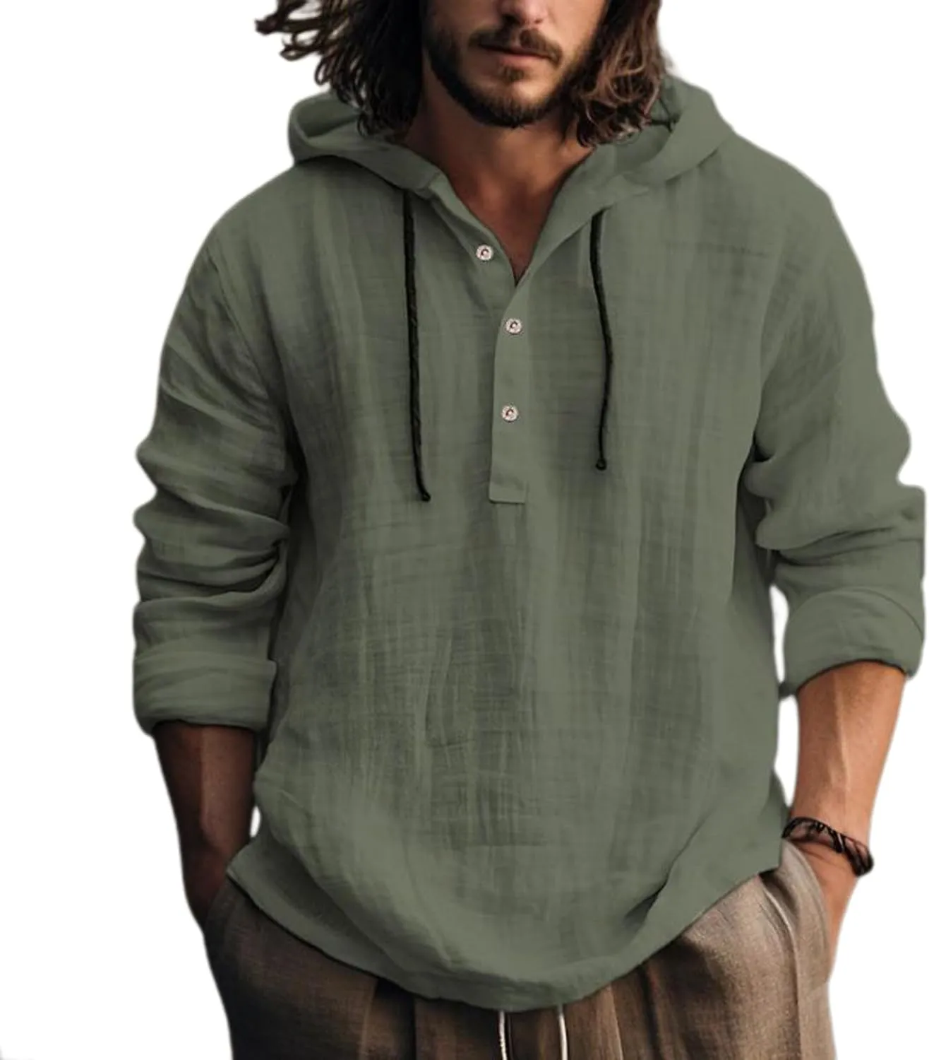 Linen Shirts for Men Lightweight Button Up Summer Cotton Linen Hoodie Long Sleeve Tee Breathable Boho Beach Yoga Shirt