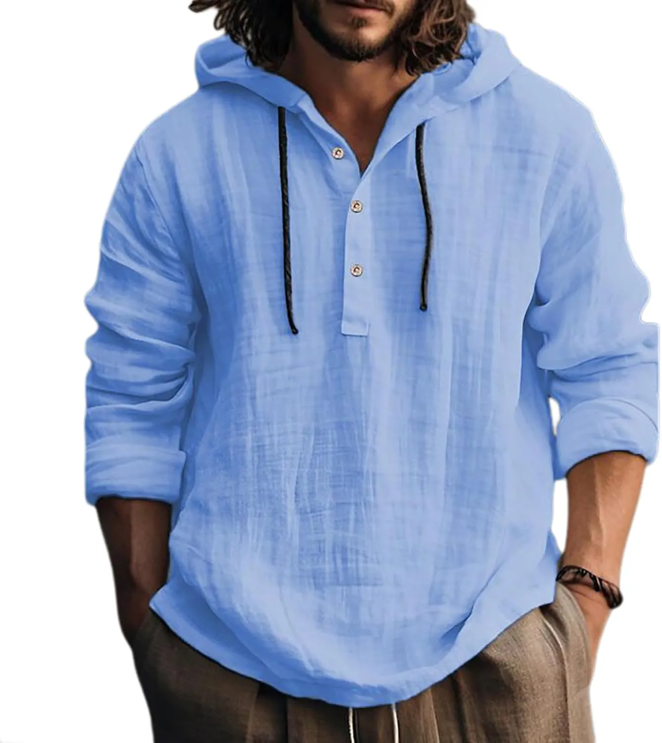Linen Shirts for Men Lightweight Button Up Summer Cotton Linen Hoodie Long Sleeve Tee Breathable Boho Beach Yoga Shirt