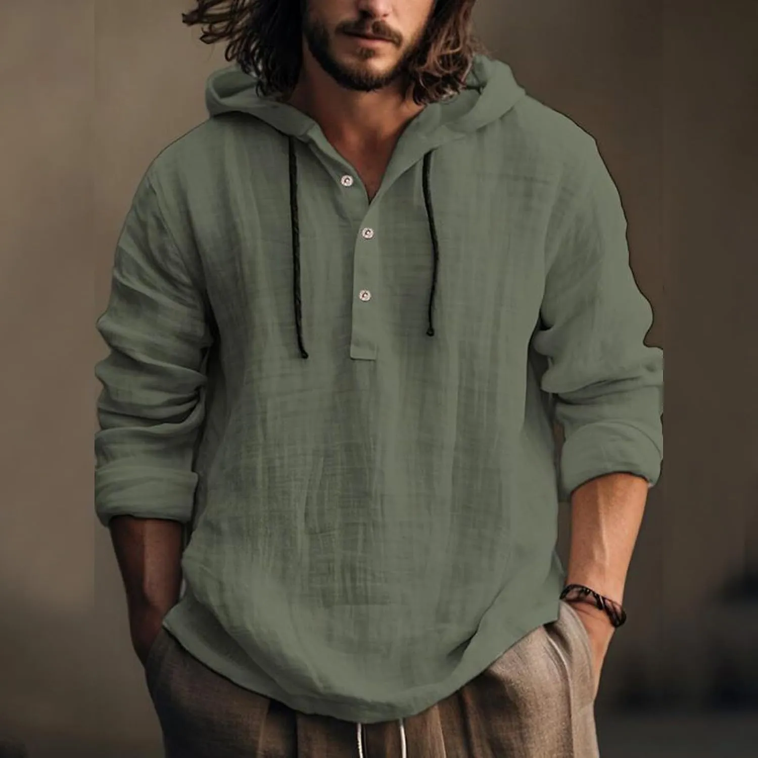 Linen Shirts for Men Lightweight Button Up Summer Cotton Linen Hoodie Long Sleeve Tee Breathable Boho Beach Yoga Shirt