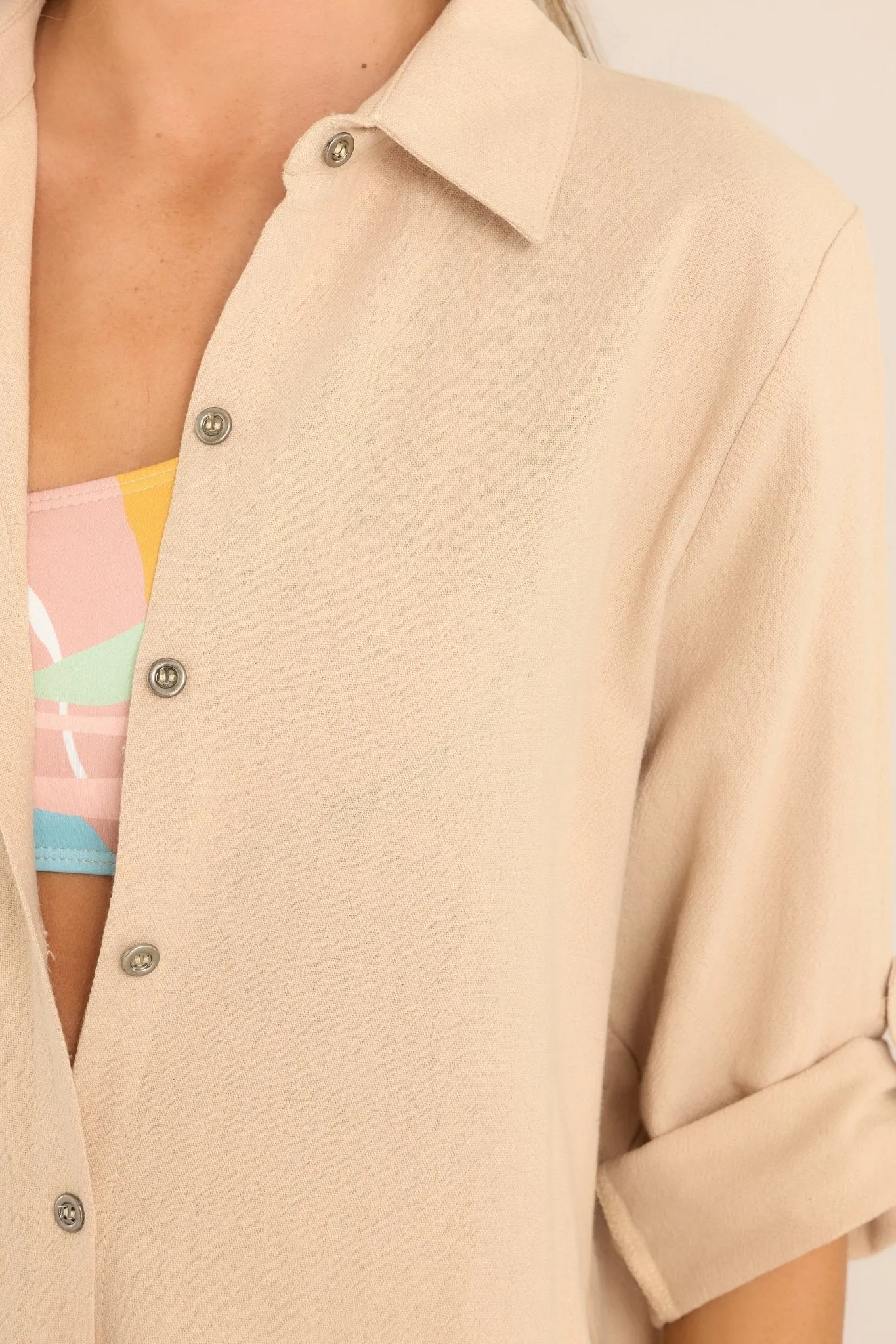 Meant For You Beige Button Front Linen Blend Top