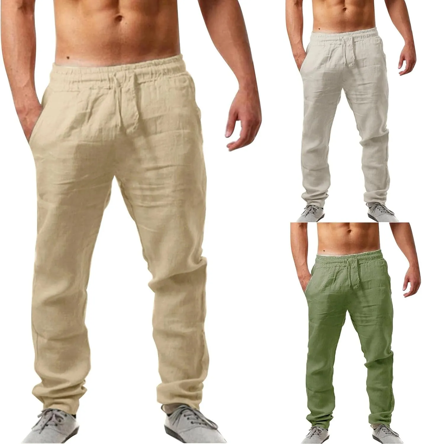Mens 2025 Summer Linen Casual Pants Elastic Waist Summer Trousers Comfort Holiday Drawstring Yoga Pants with Pockets