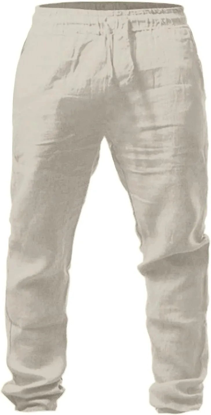 Mens 2025 Summer Linen Casual Pants Elastic Waist Summer Trousers Comfort Holiday Drawstring Yoga Pants with Pockets