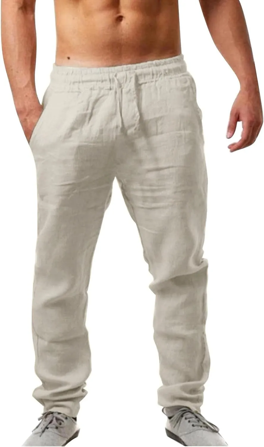 Mens 2025 Summer Linen Casual Pants Elastic Waist Summer Trousers Comfort Holiday Drawstring Yoga Pants with Pockets