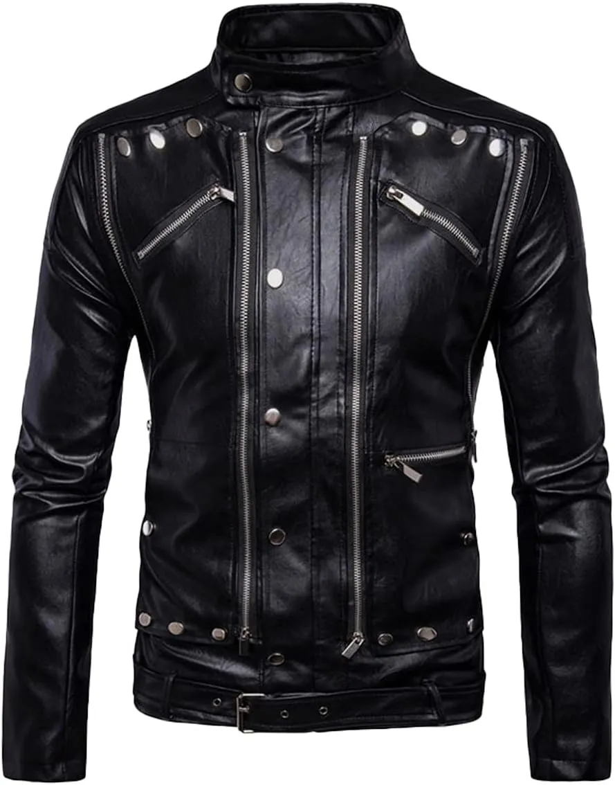Mens Black Biker Genuine Sheepskin Stand Collar Vintage Multi-Zippers Punk Chic Retro Moto Leather Jacket