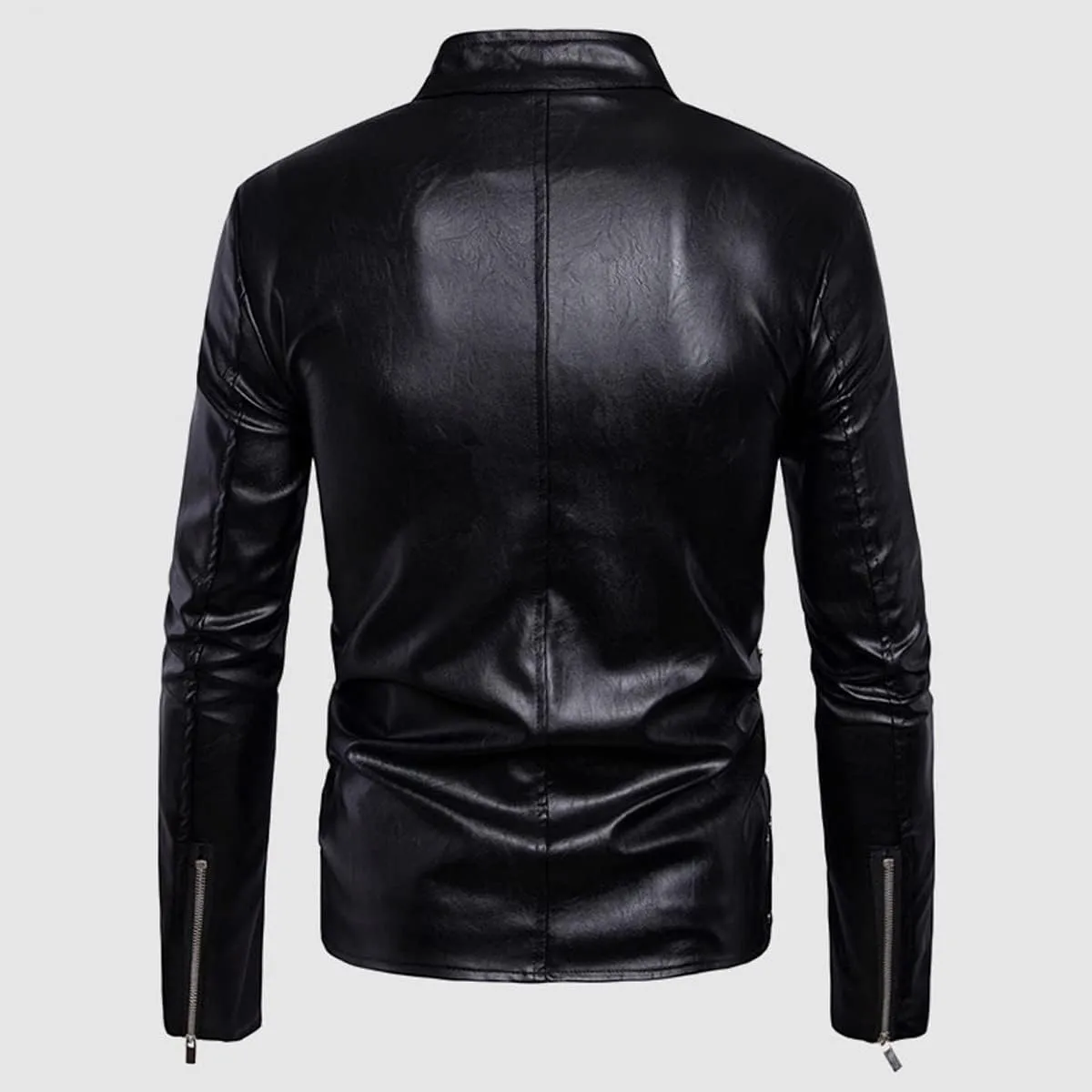 Mens Black Biker Genuine Sheepskin Stand Collar Vintage Multi-Zippers Punk Chic Retro Moto Leather Jacket