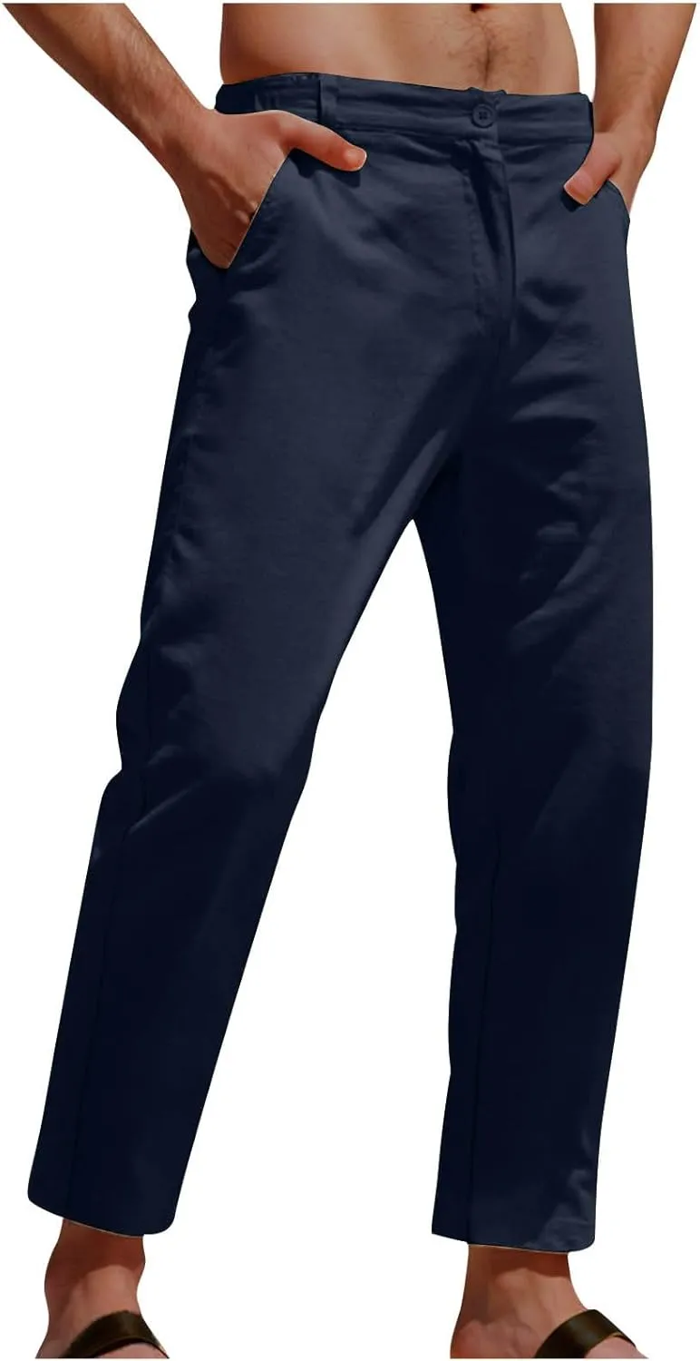 Mens Casual Lightweight Cotton Linen Pants Summer Relaxed Fit Elastic Waist Beach Pants Straight Leg Pant with Pocket