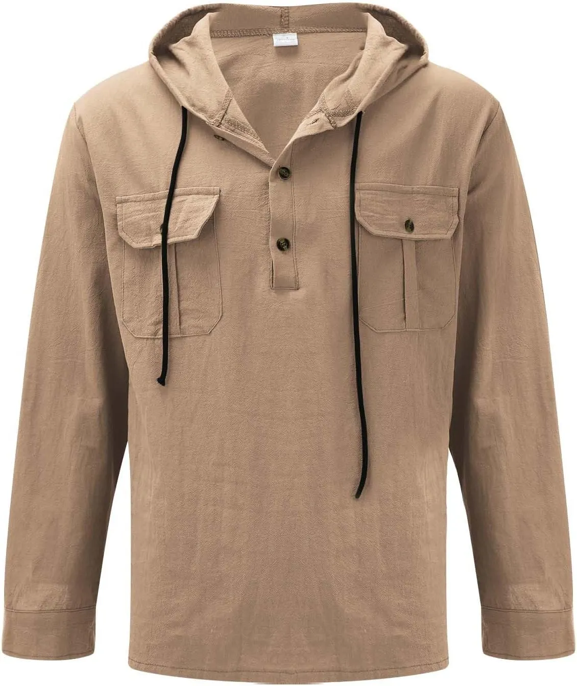 Men's Cotton Linen Shirts Lightweight Lace Up Long Sleeve Hoodies Summer Casual V Neck T Shirt Thin Breathable Tees