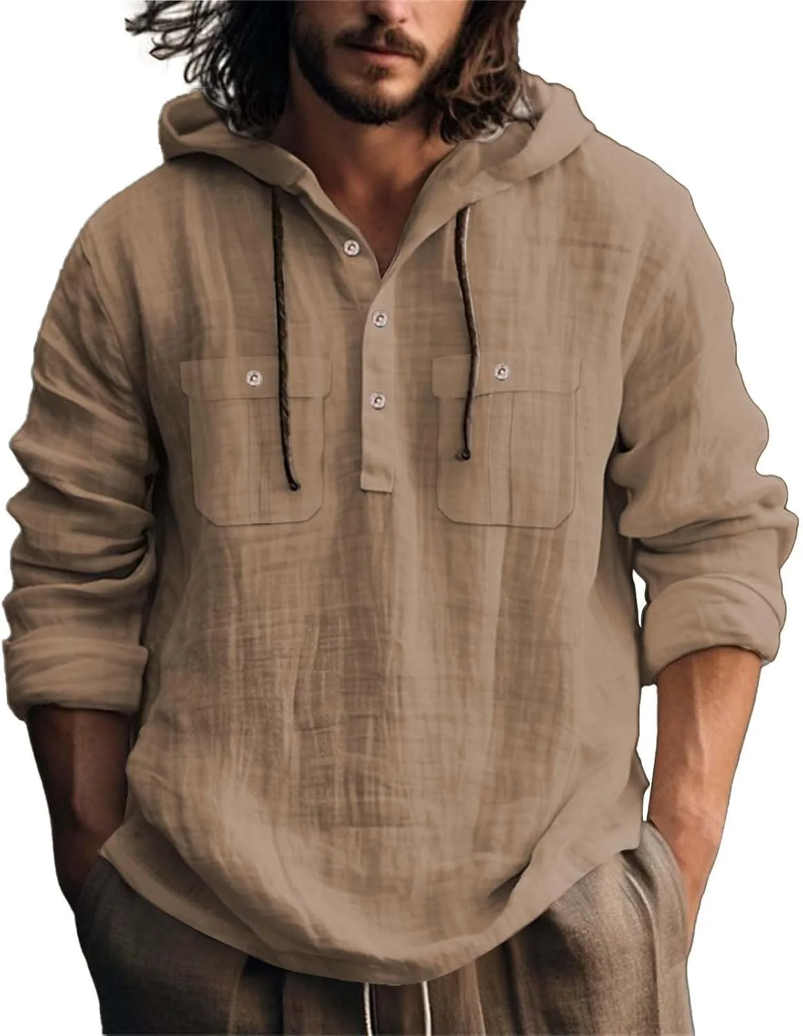 Men's Cotton Linen Shirts Lightweight Lace Up Long Sleeve Hoodies Summer Casual V Neck T Shirt Thin Breathable Tees