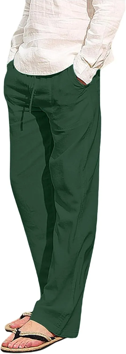 Men's Drawstring Linen Pants Casual Summer Holiday Yoga Pants Elastic Waist Comfy Vacation Soft Trousers with Pockets