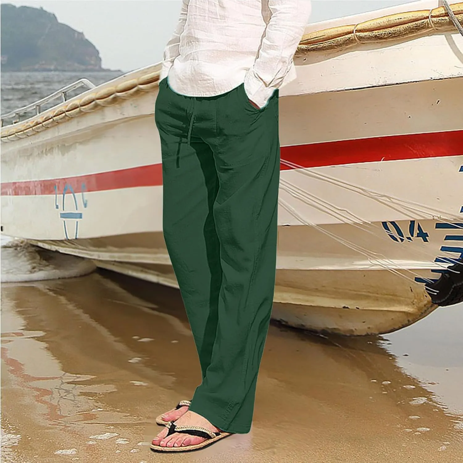 Men's Drawstring Linen Pants Casual Summer Holiday Yoga Pants Elastic Waist Comfy Vacation Soft Trousers with Pockets