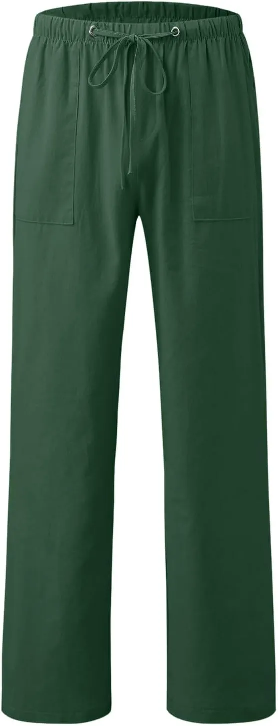 Men's Drawstring Linen Pants Casual Summer Holiday Yoga Pants Elastic Waist Comfy Vacation Soft Trousers with Pockets