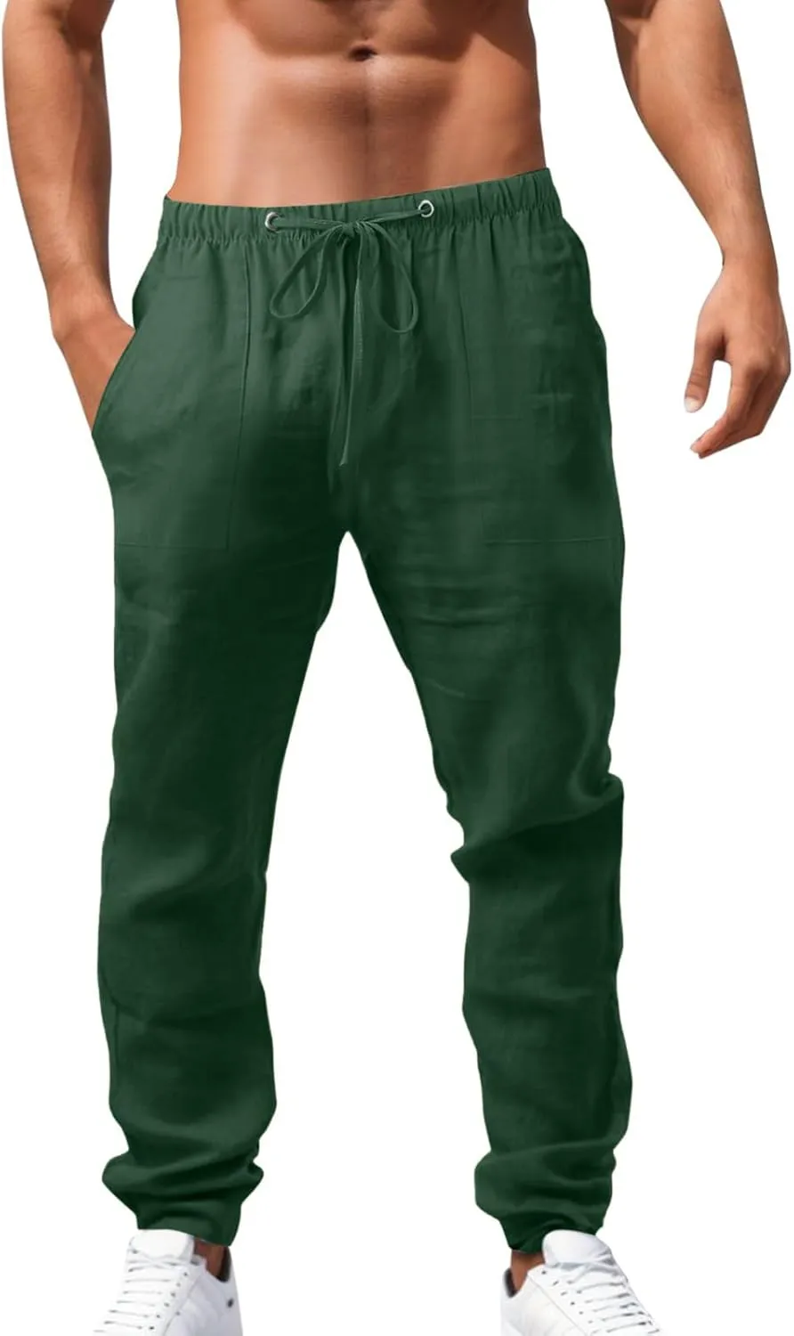 Men's Drawstring Linen Pants Casual Summer Holiday Yoga Pants Elastic Waist Comfy Vacation Soft Trousers with Pockets