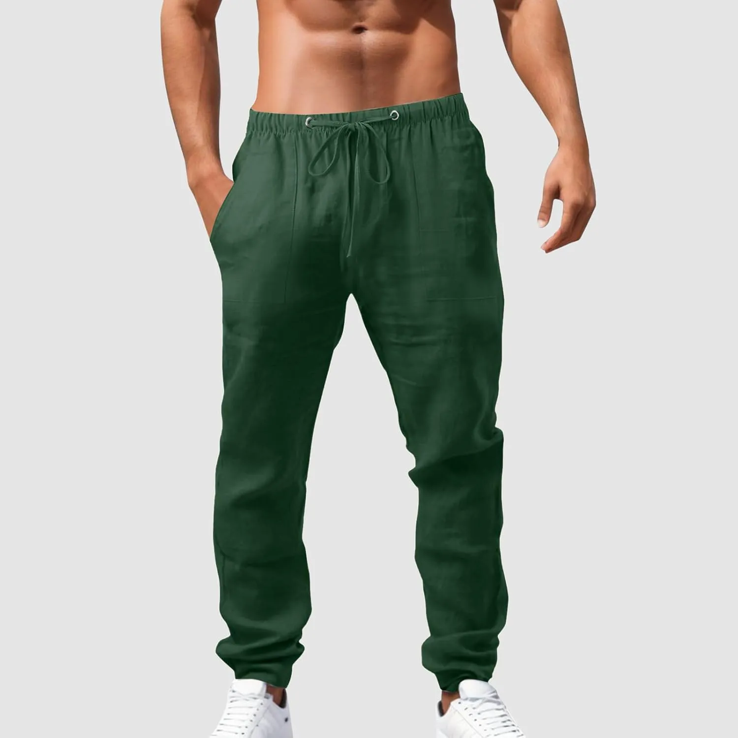 Men's Drawstring Linen Pants Casual Summer Holiday Yoga Pants Elastic Waist Comfy Vacation Soft Trousers with Pockets