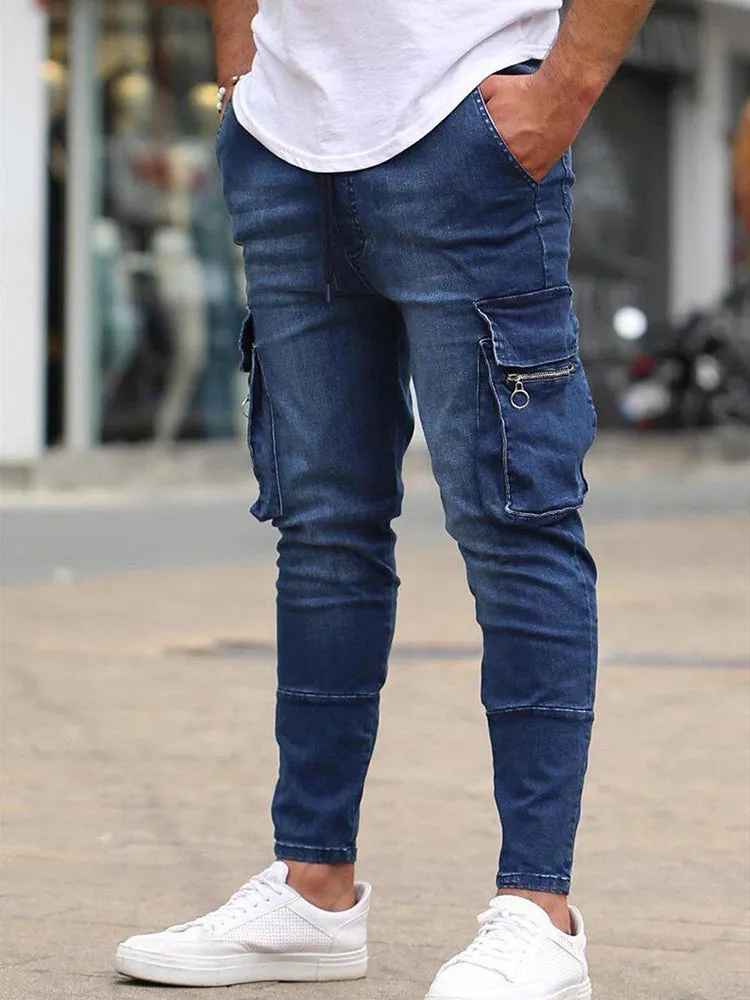 Men'S Multi-Pocket Stretch Jeans Zip Trim Work Jeans