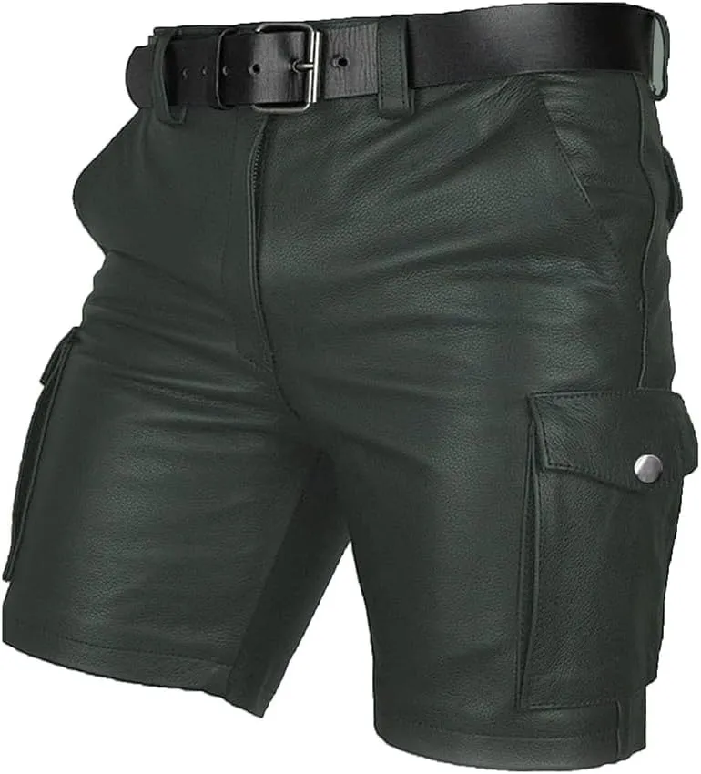 Men's Real Leather Belted Cargo Shorts Club Wear Shorts Casual Shorts with Pockets