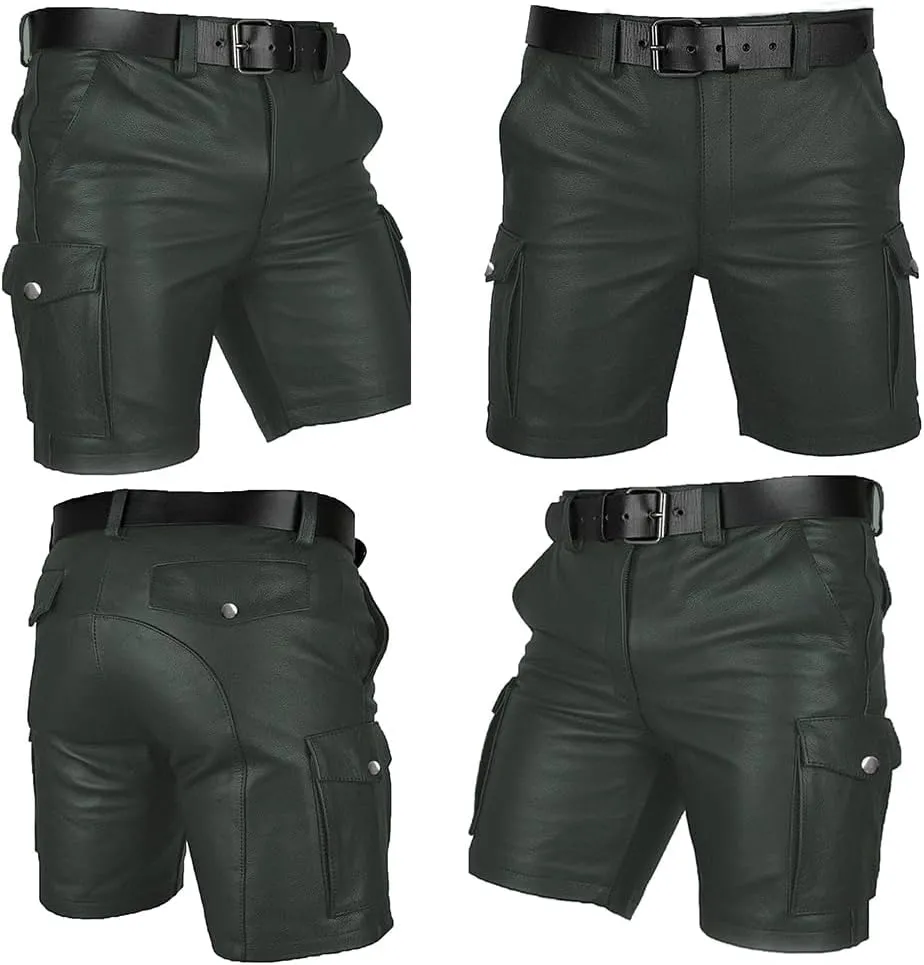 Men's Real Leather Belted Cargo Shorts Club Wear Shorts Casual Shorts with Pockets