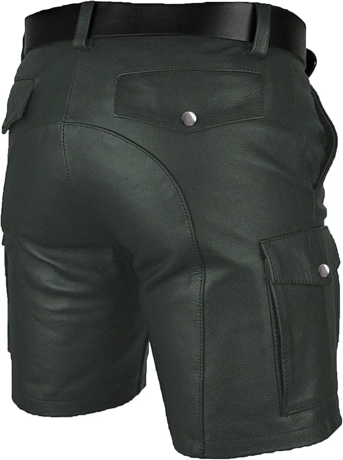 Men's Real Leather Belted Cargo Shorts Club Wear Shorts Casual Shorts with Pockets