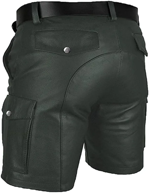 Men's Real Leather Belted Cargo Shorts Club Wear Shorts Casual Shorts with Pockets