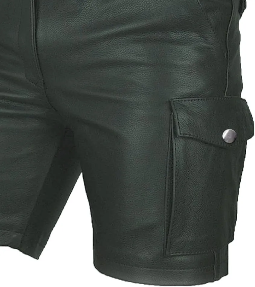 Men's Real Leather Belted Cargo Shorts Club Wear Shorts Casual Shorts with Pockets