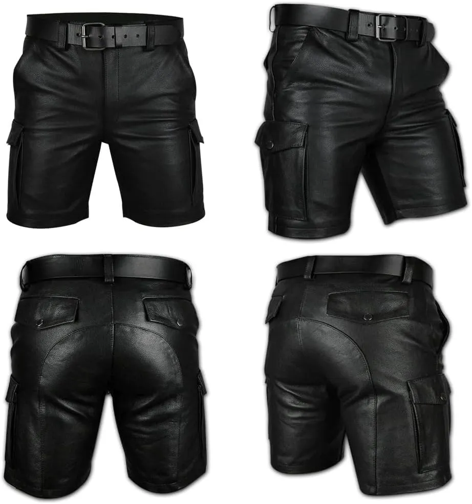 Men's Real Leather Belted Cargo Shorts Club Wear Shorts Casual Shorts with Pockets