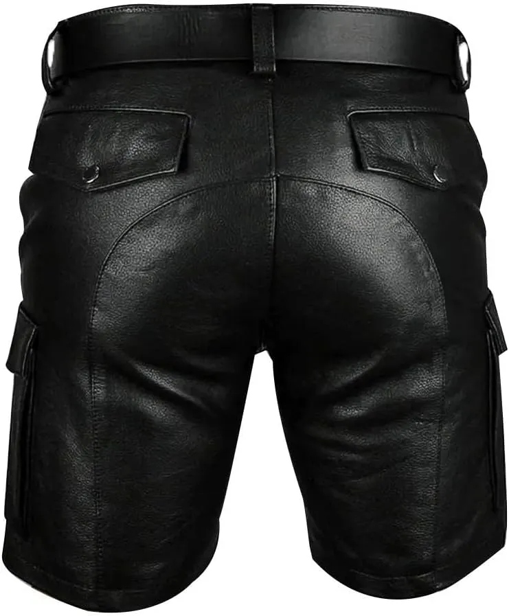 Men's Real Leather Belted Cargo Shorts Club Wear Shorts Casual Shorts with Pockets