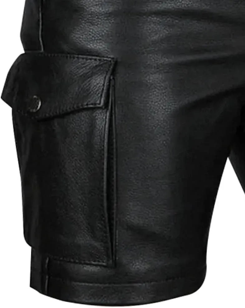 Men's Real Leather Belted Cargo Shorts Club Wear Shorts Casual Shorts with Pockets