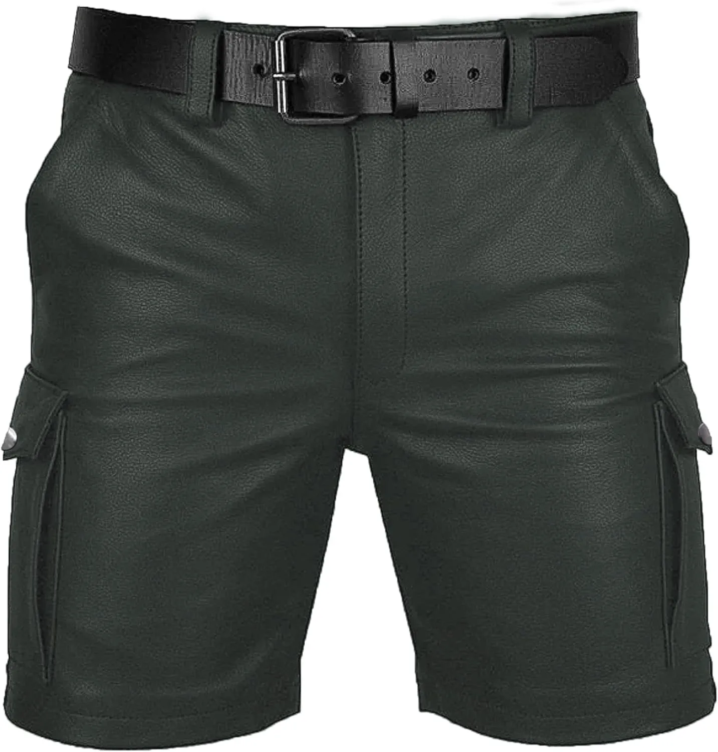 Men's Real Leather Belted Cargo Shorts Club Wear Shorts Casual Shorts with Pockets