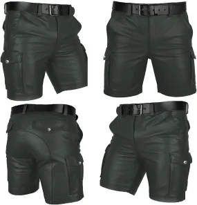 Men's Real Leather Belted Cargo Shorts Club Wear Shorts Casual Shorts with Pockets