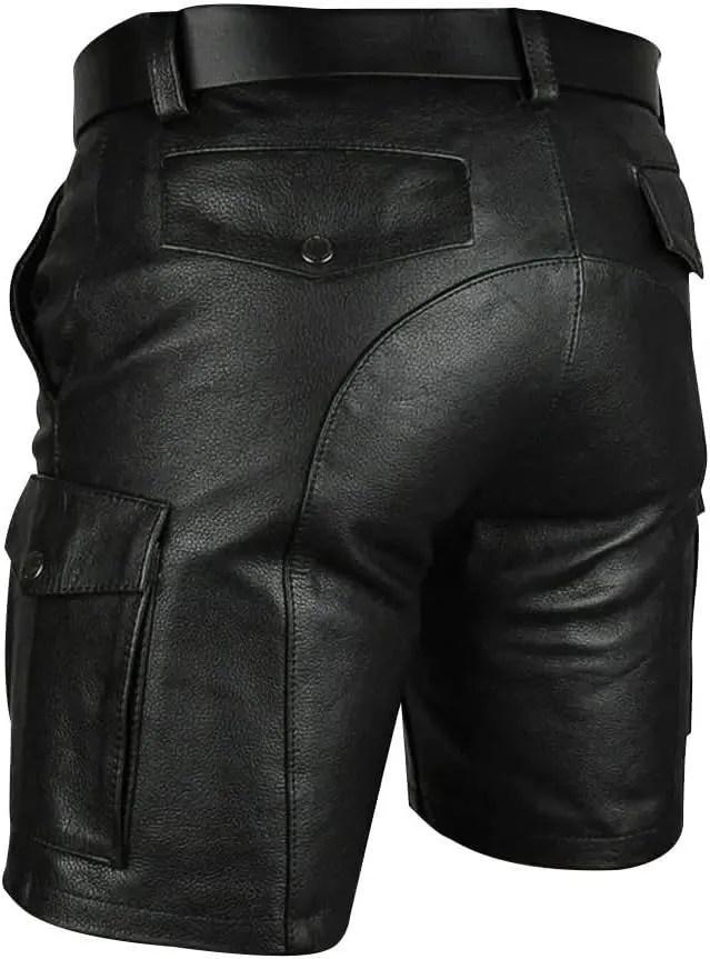 Men's Real Leather Belted Cargo Shorts Club Wear Shorts Casual Shorts with Pockets