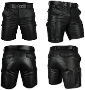 Men's Real Leather Belted Cargo Shorts Club Wear Shorts Casual Shorts with Pockets