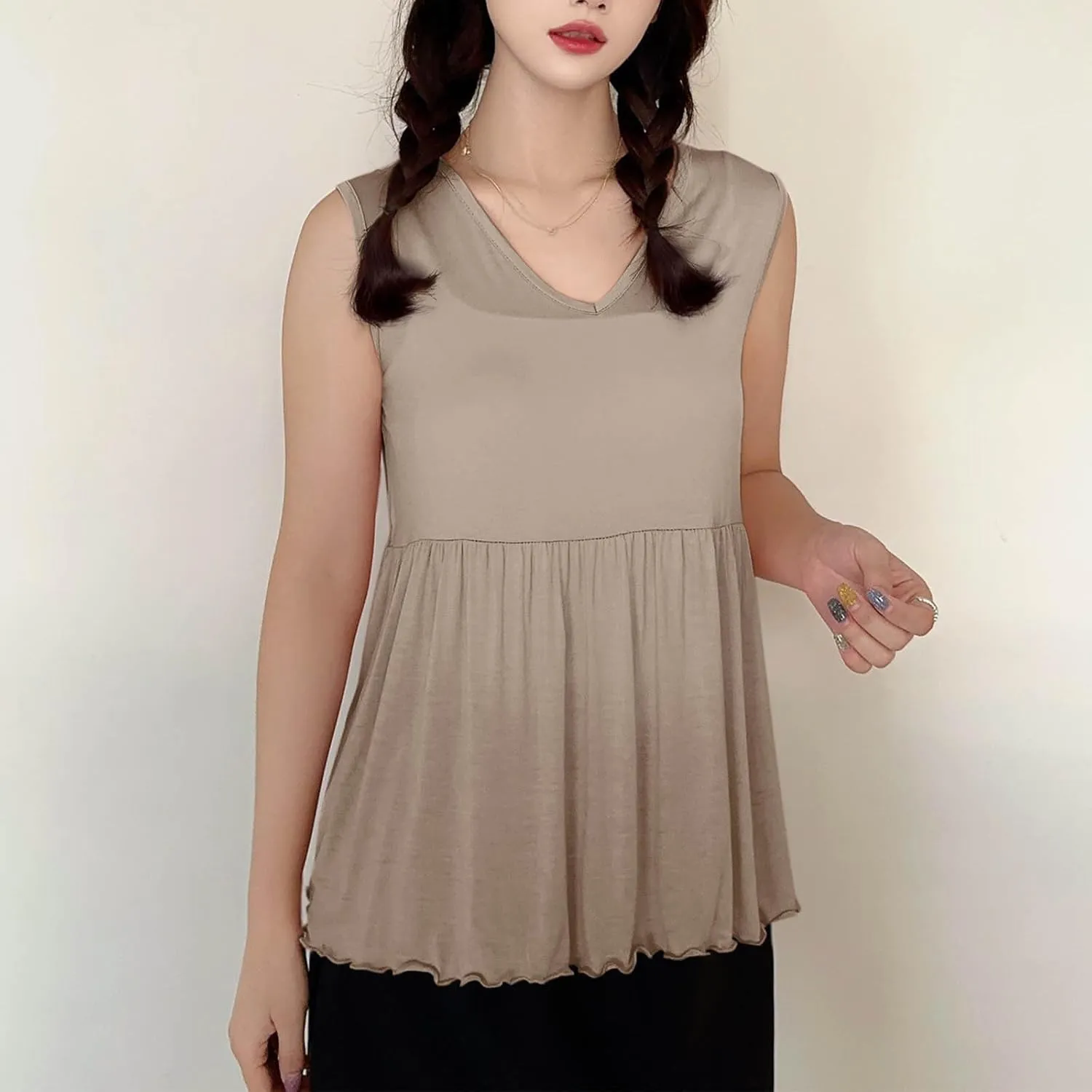 Modal Casual Tank Tops for Women, V-Neck Loose Sleeveless Summer Daily Shirts Comfy Breathable Ruffle Hem Clothes