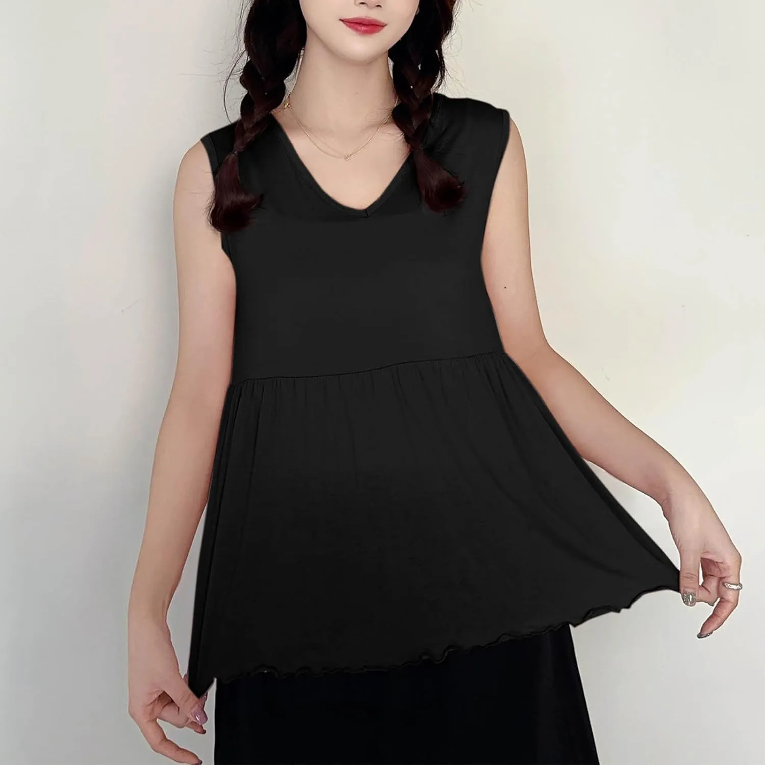 Modal Casual Tank Tops for Women, V-Neck Loose Sleeveless Summer Daily Shirts Comfy Breathable Ruffle Hem Clothes