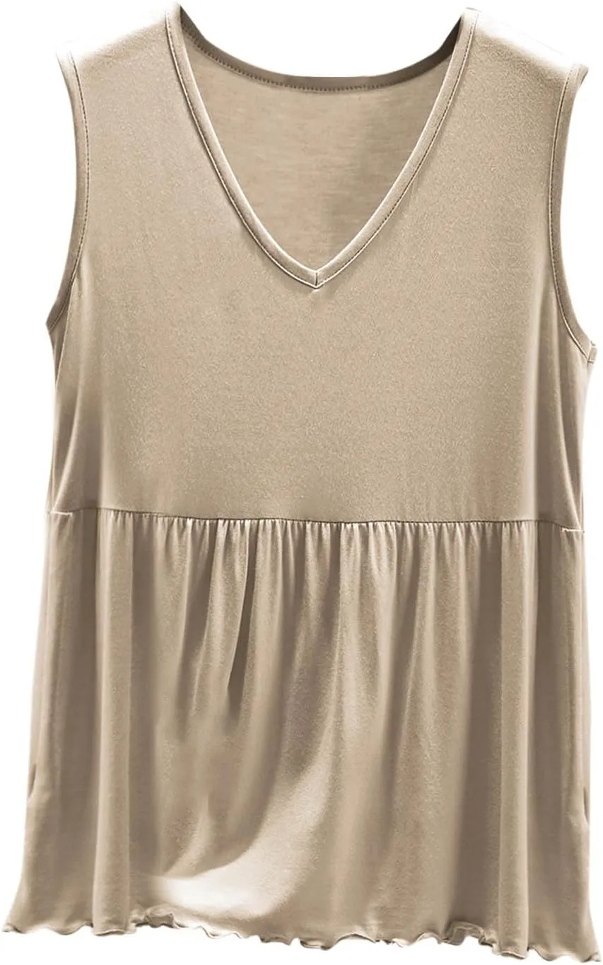 Modal Casual Tank Tops for Women, V-Neck Loose Sleeveless Summer Daily Shirts Comfy Breathable Ruffle Hem Clothes
