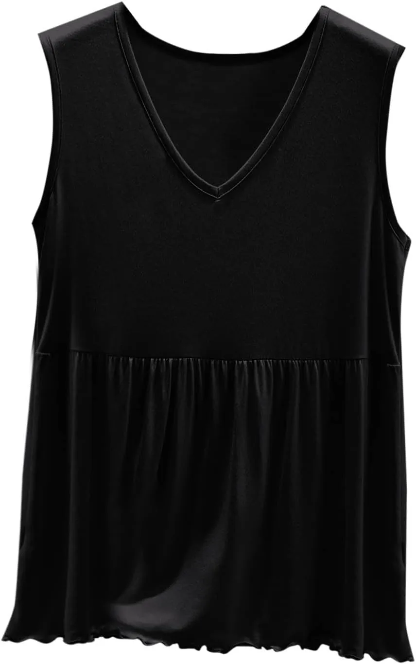 Modal Casual Tank Tops for Women, V-Neck Loose Sleeveless Summer Daily Shirts Comfy Breathable Ruffle Hem Clothes