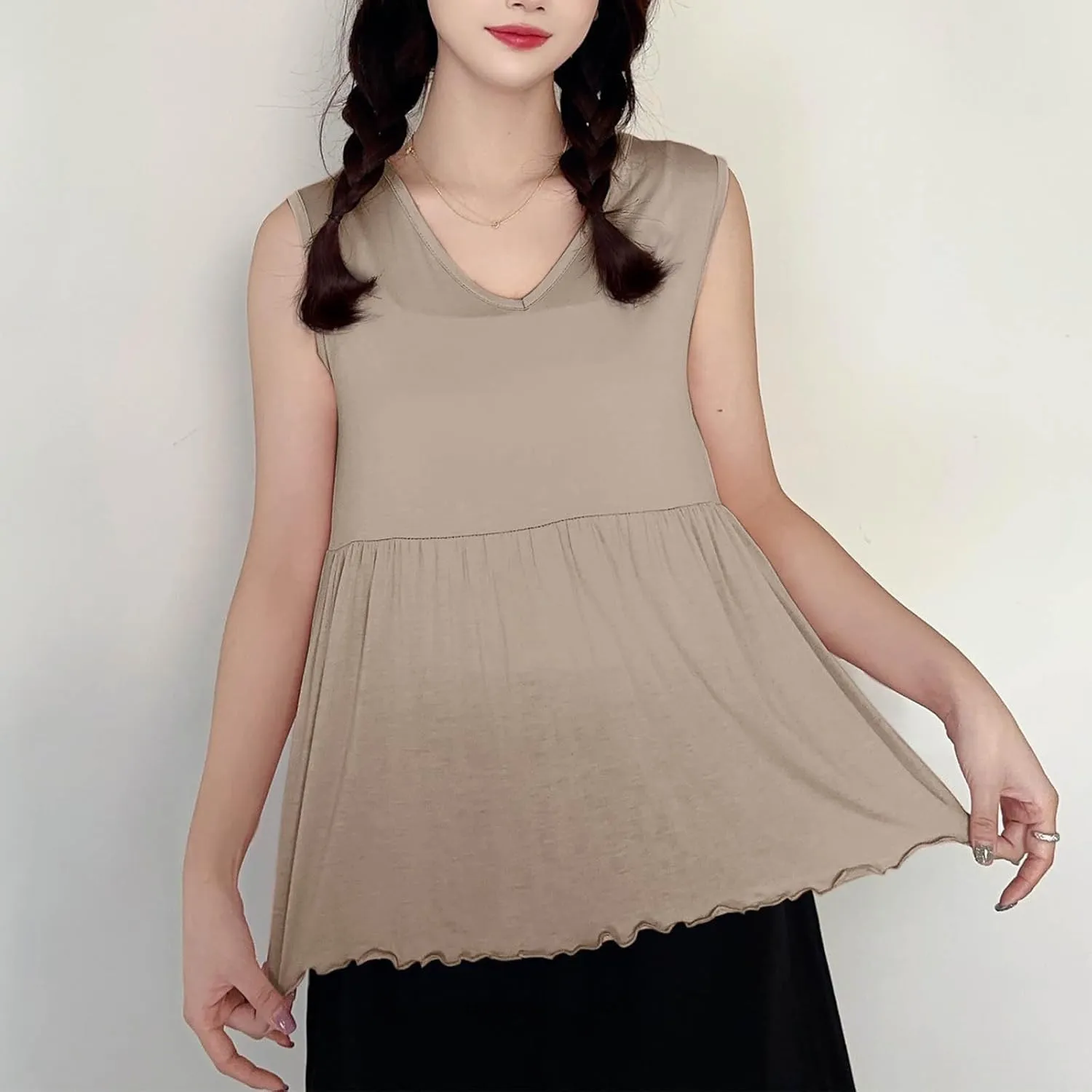 Modal Casual Tank Tops for Women, V-Neck Loose Sleeveless Summer Daily Shirts Comfy Breathable Ruffle Hem Clothes
