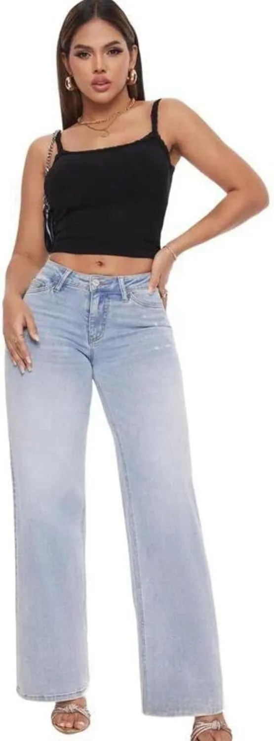 Oprah's Favorite Jeans Baggy Jeans High Waisted Wide Leg Straight Stretchy Denim Pants with Patch Pockets