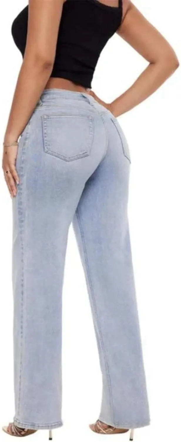 Oprah's Favorite Jeans Baggy Jeans High Waisted Wide Leg Straight Stretchy Denim Pants with Patch Pockets