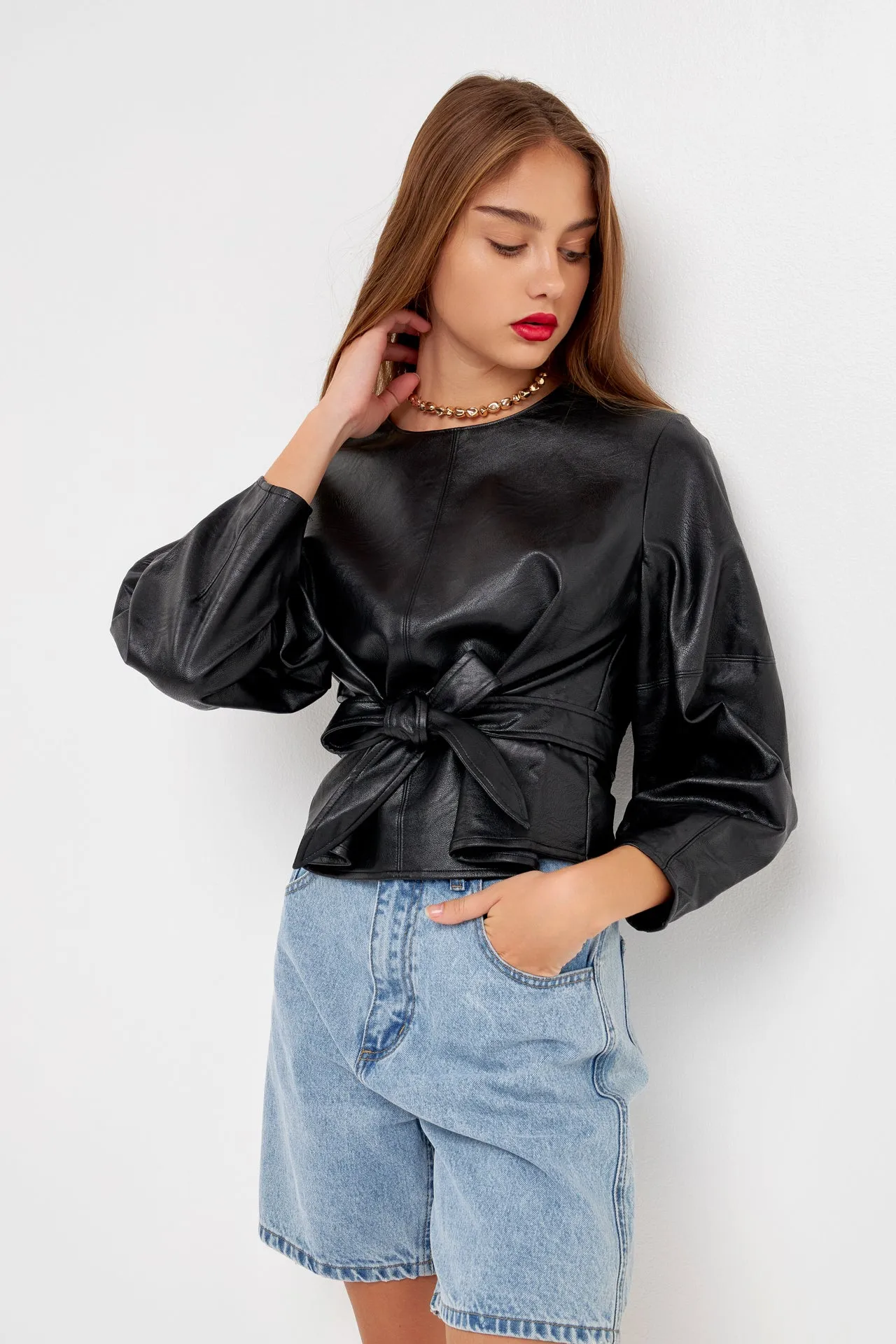 Pu Leather Top with Tie