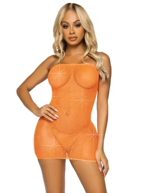 Rhinestone Fishnet Convertible Tube Dress - One  Size - Orange