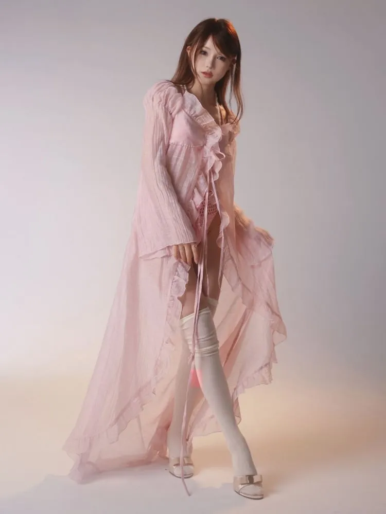 Ruffle Trim Pink Sun Protection Coverup