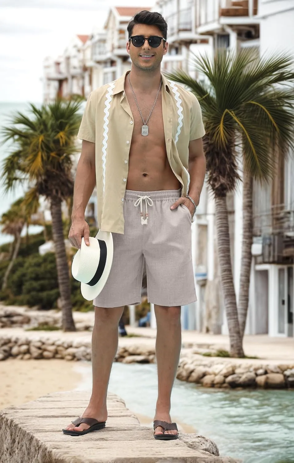 Sailwind Mens Linen Shorts Casual Drawstring Summer Beach Shorts