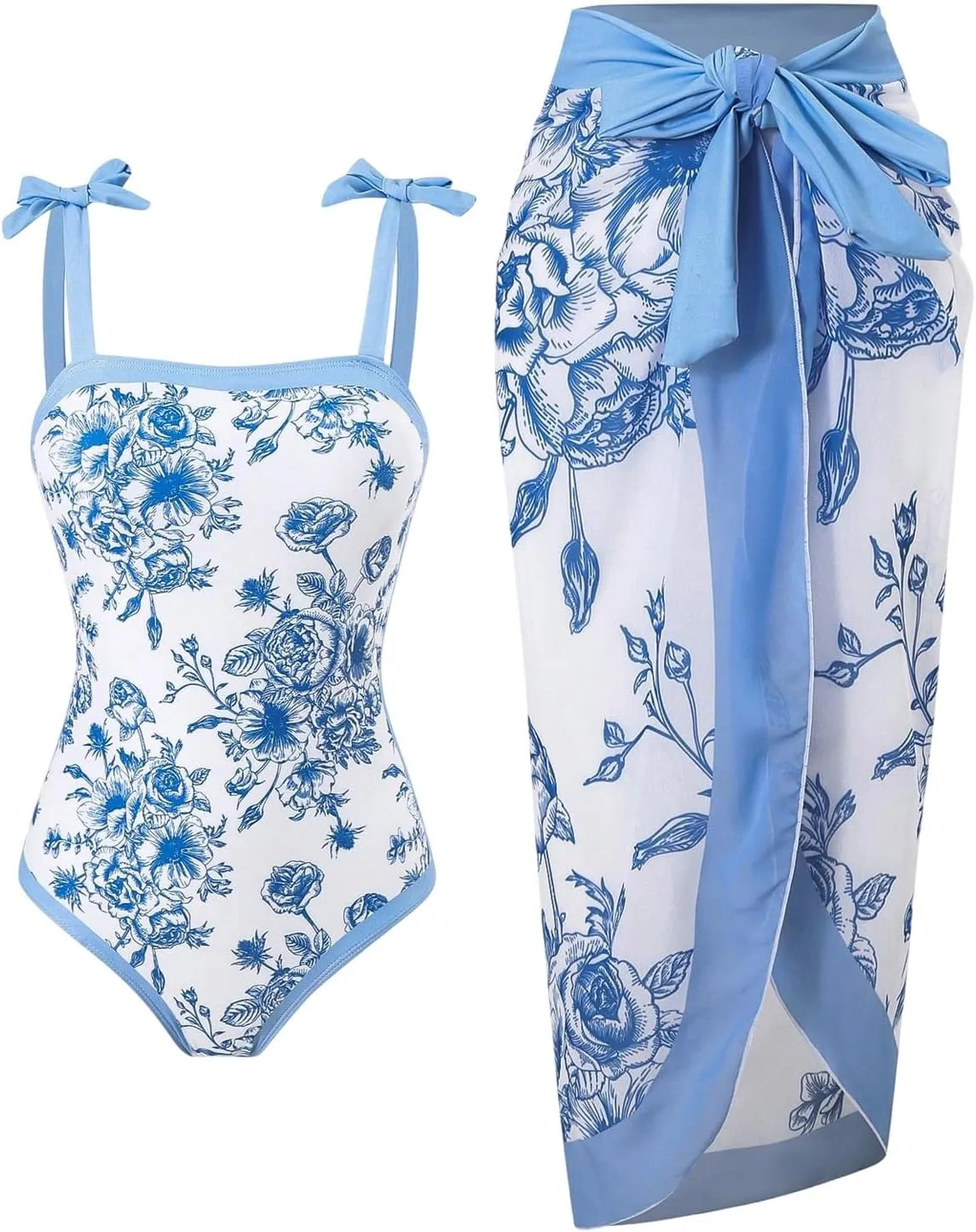 SHENHE Girl's Floral One Piece Swimsuit with Cover Up Sarong Wrap Tie Bow Cute Bathing Suits