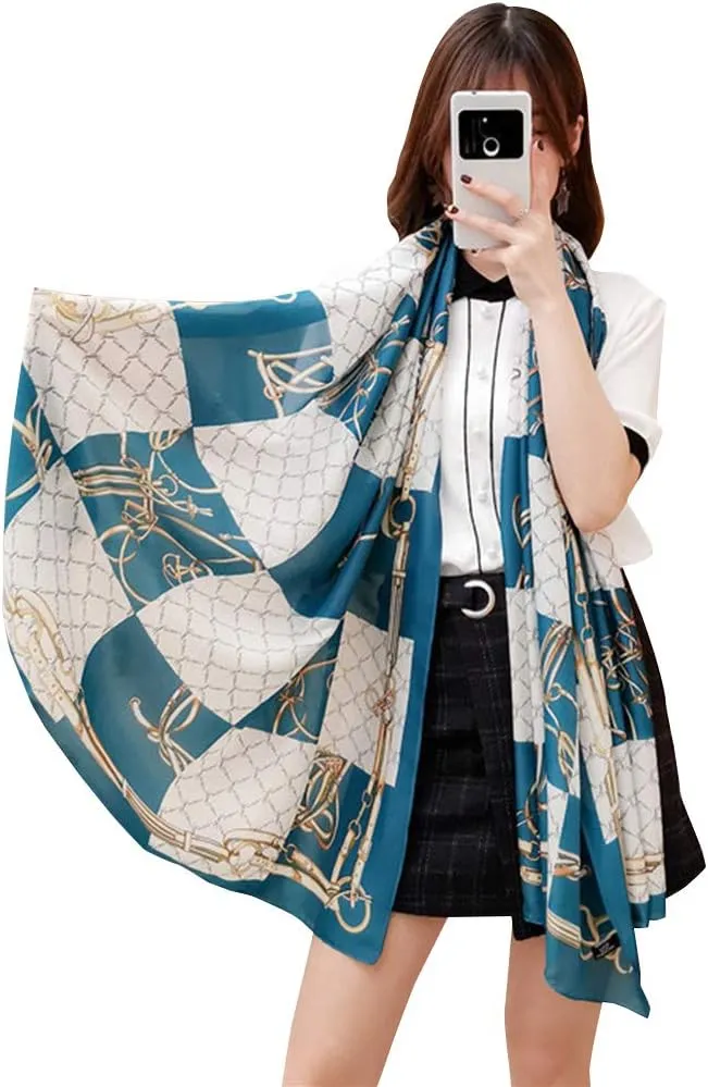 Silk Scarf for Women Fashion Floral Printed Large Lightweight Sunscreen Shawls Wraps Headscarf