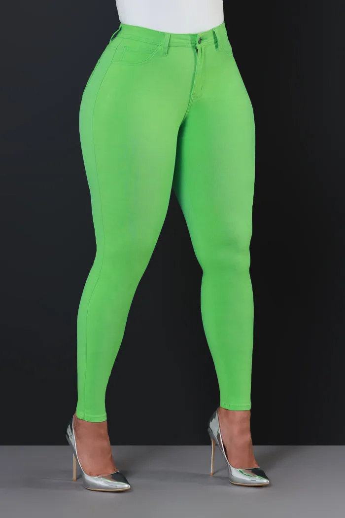 Super Swank High Rise Belt Loop Stretchy Skinny Jeans - Apple Green