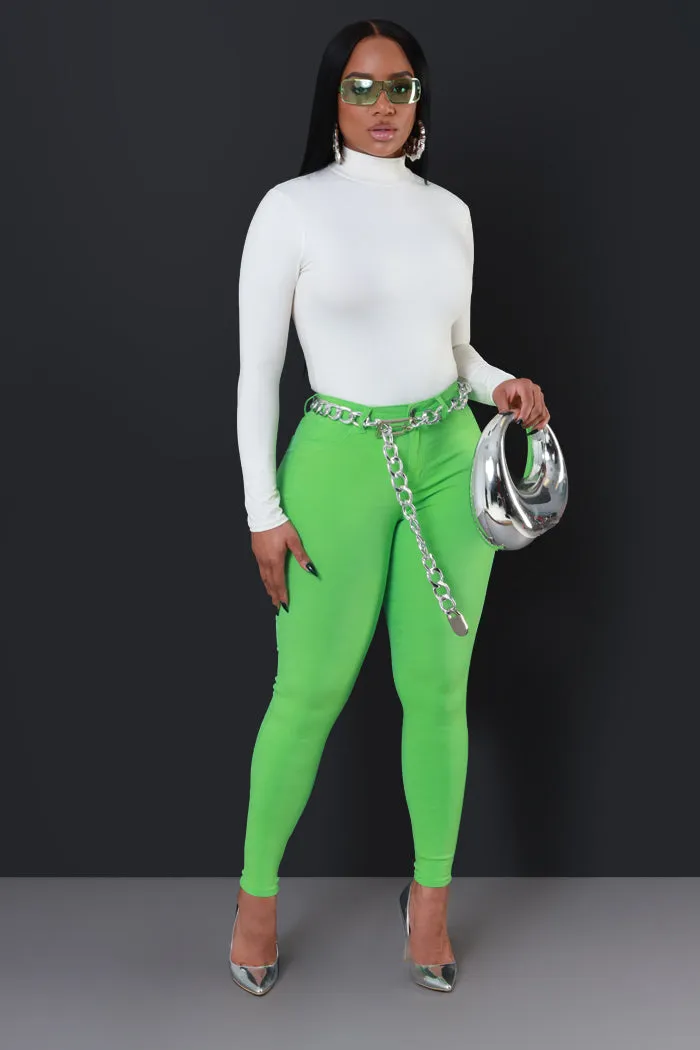 Super Swank High Rise Belt Loop Stretchy Skinny Jeans - Apple Green