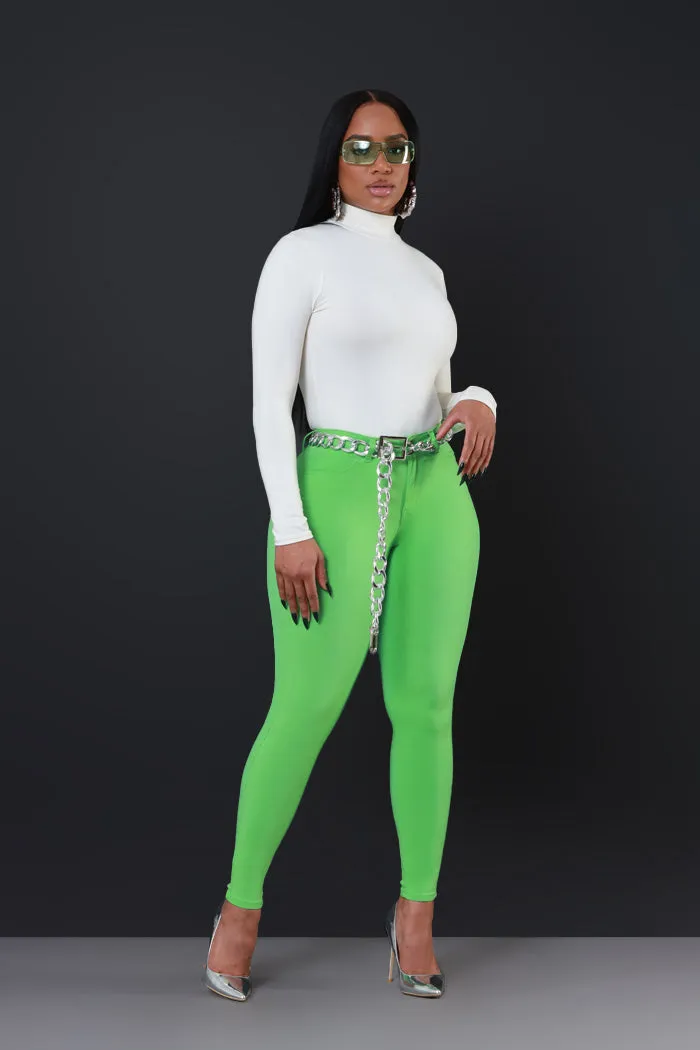 Super Swank High Rise Belt Loop Stretchy Skinny Jeans - Apple Green