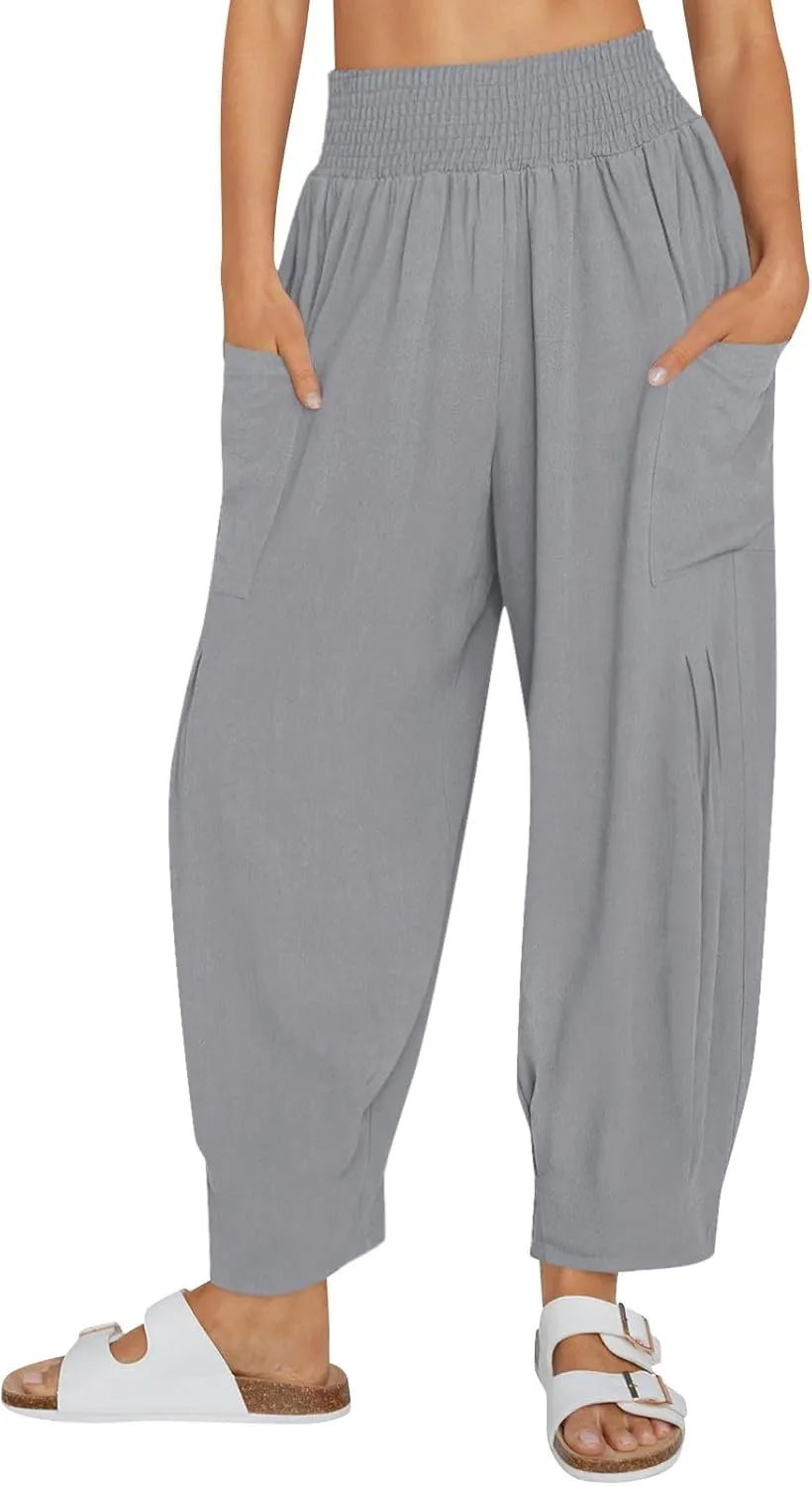 TANGNADE Womens Linen Pants with Pockets Summer Loose Elastic High Waisted Comfy Summer Trousers Baggy Pant