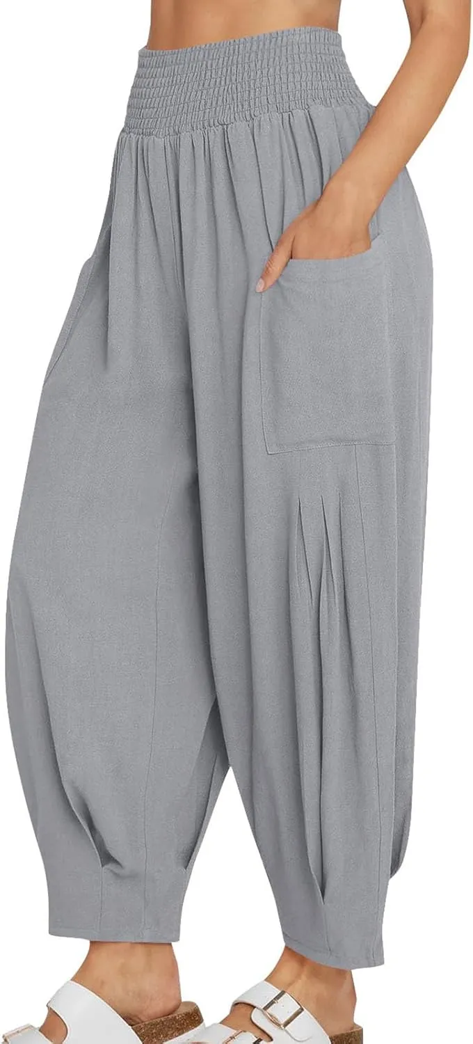 TANGNADE Womens Linen Pants with Pockets Summer Loose Elastic High Waisted Comfy Summer Trousers Baggy Pant