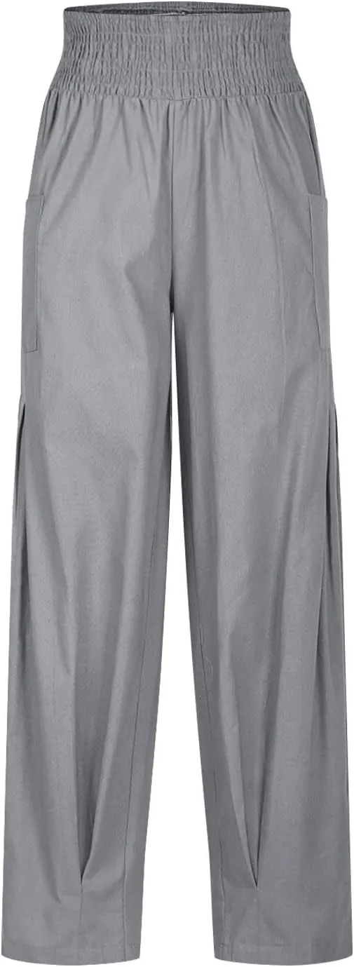 TANGNADE Womens Linen Pants with Pockets Summer Loose Elastic High Waisted Comfy Summer Trousers Baggy Pant